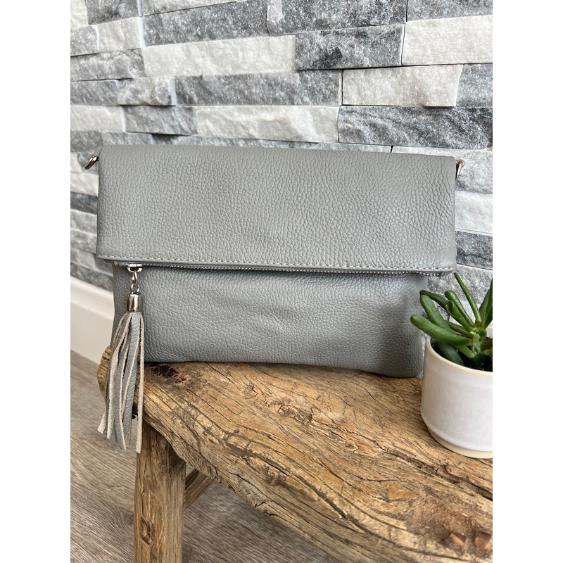 Pale Grey Genuine Leather Clutch Bag
