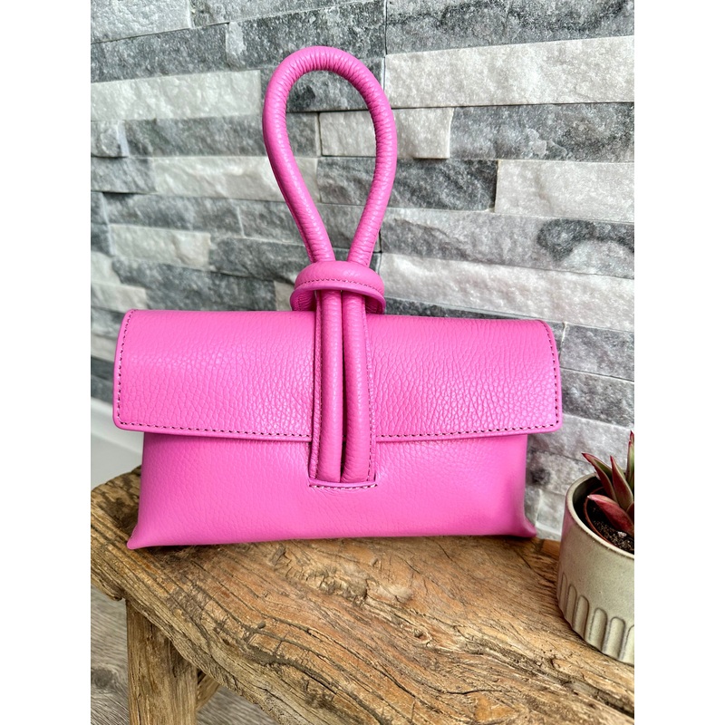 Pastel Pink Italian Leather Clutch Bag , Evening Bag with Loop Handle