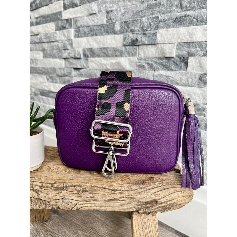 Purple Italian leather camera bag and strap combo