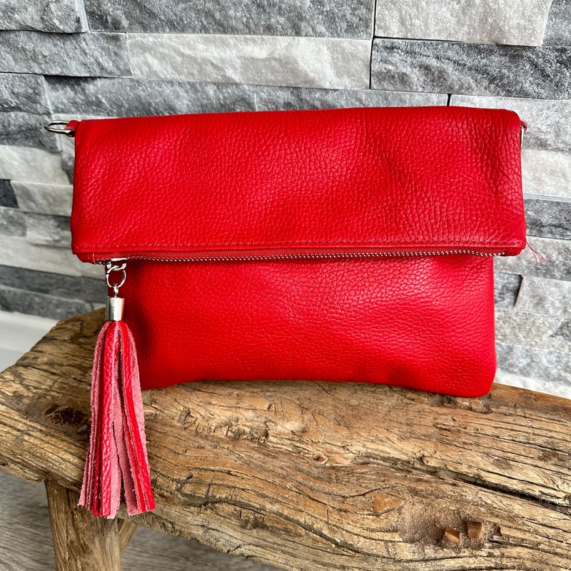 Red Italian leather Clutch Bag , Fold Over Design