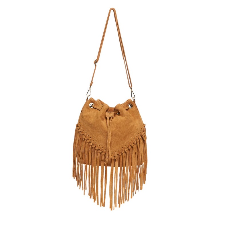 Tan Brown Leather suede fringed tassels bucket bag / handbag