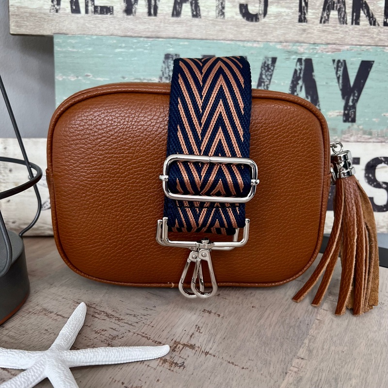 Tan Italian leather camera style bag with a wide woven strap combo
