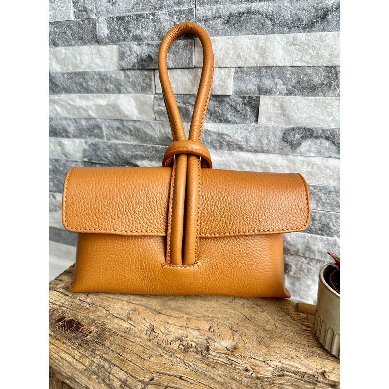 Tan Italian Leather Clutch Bag , Evening Bag with Loop Handle.