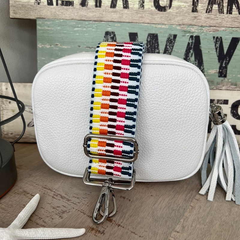 White Italian leather camera style bag with a wide woven strap combo