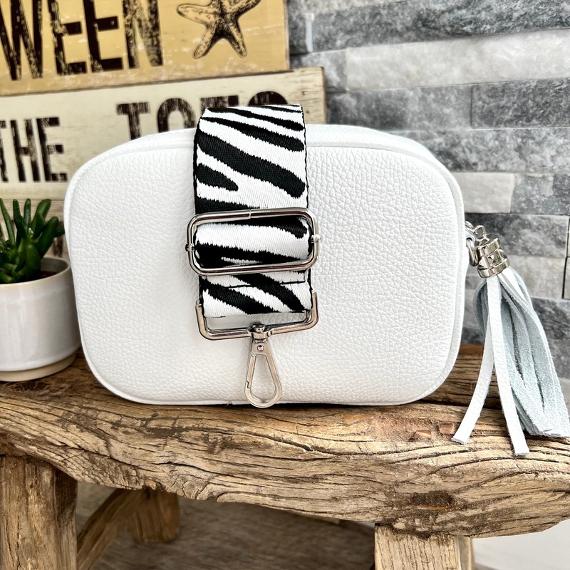 White Italian leather camera style crossbody bag with wide strap combo