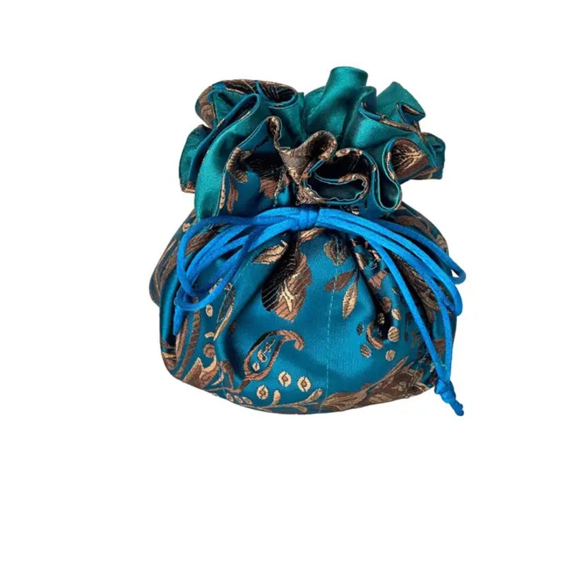 Jewelry Bag - Large Floral Brocade Teal Blue & Brown Gold
