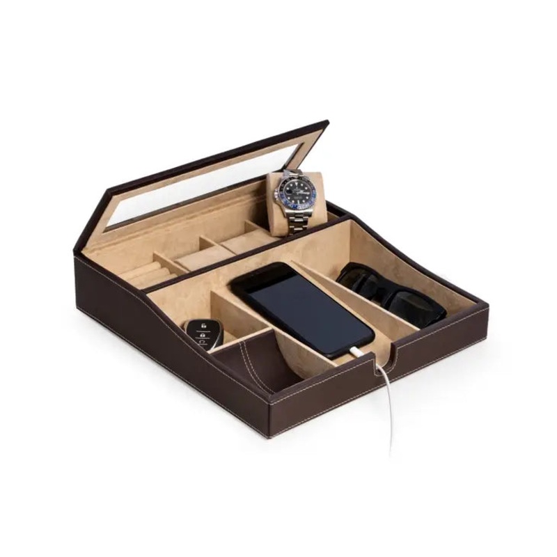 Valet with Multi Compartment Storage - brown