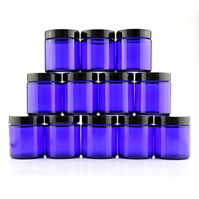 4-Ounce Cobalt Blue Glass Straight Sided Cosmetic Jars (12-Pack); 120 ml. Capacity, BPA-Free Lids