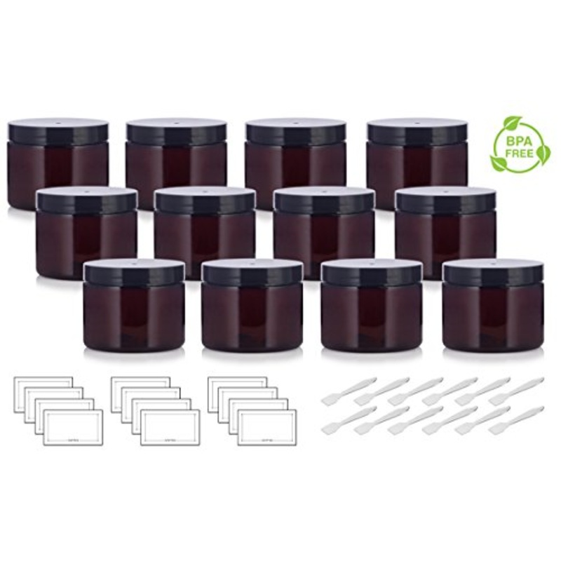 Amber PET Plastic (BPA Free) Refillable Low Profile Jar - 6 oz (12 Pack) + Spatulas and Labels