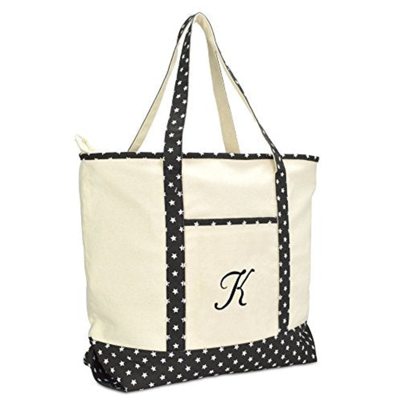 DALIX Personalized Shopping Tote Bag Monogram Black Star Ballent Zippered Letter- K