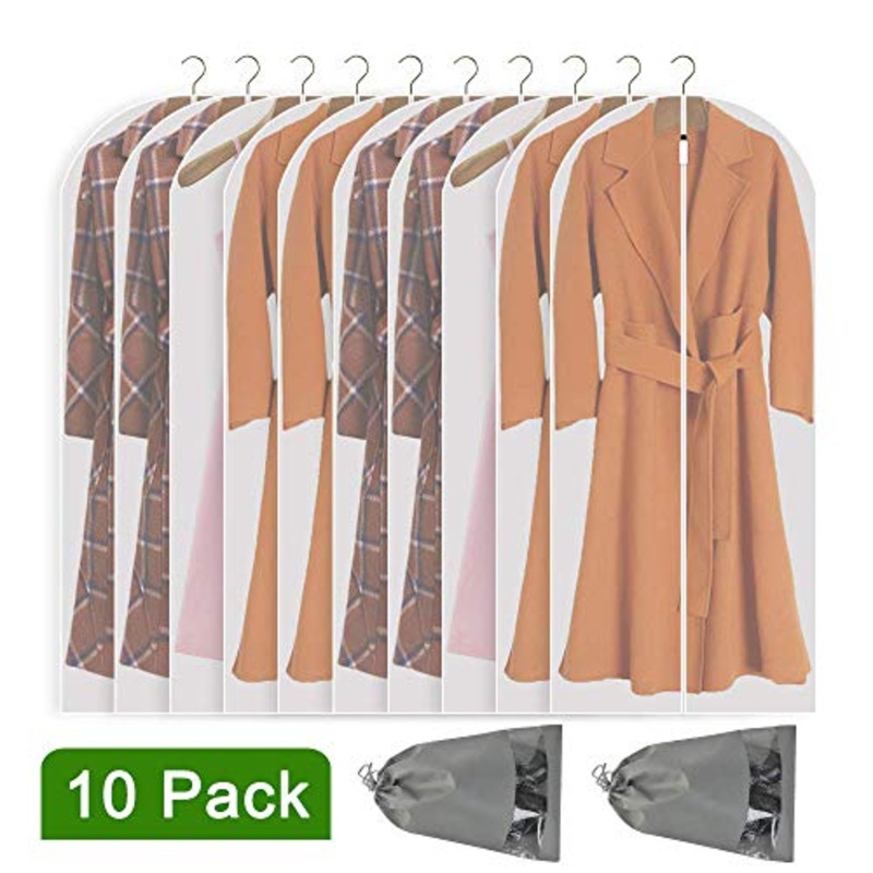 Perber Hanging Garment Bag Lightweight Clear Full Zipper Suit Bags (Set of 10) PEVA Moth-Proof Breathable Dust Cover for Closet Clothes Storage -White 24''55''/10 Pack