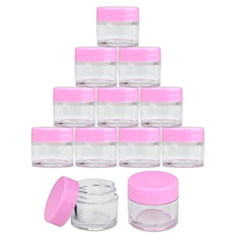 Beauticom High-Graded Quality 7 Grams/7 ML (Quantity: 12 Packs) Thick Wall Crystal Clear Plastic LEAK-PROOF Jars Container with PINK Lids for Cosmetic, Lip Balm, Lip Gloss, Creams, Lotions, Liquids