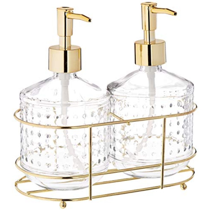 Circleware 32474 Vintage Gold Hobnail Dispenser Bottle Pumps in Metal Caddy 3-Piece Set of Home Bathroom Accessories, Farmhouse Decor for Essential Oils, Lotions, Liquid Soaps, 17.5 oz, Clear