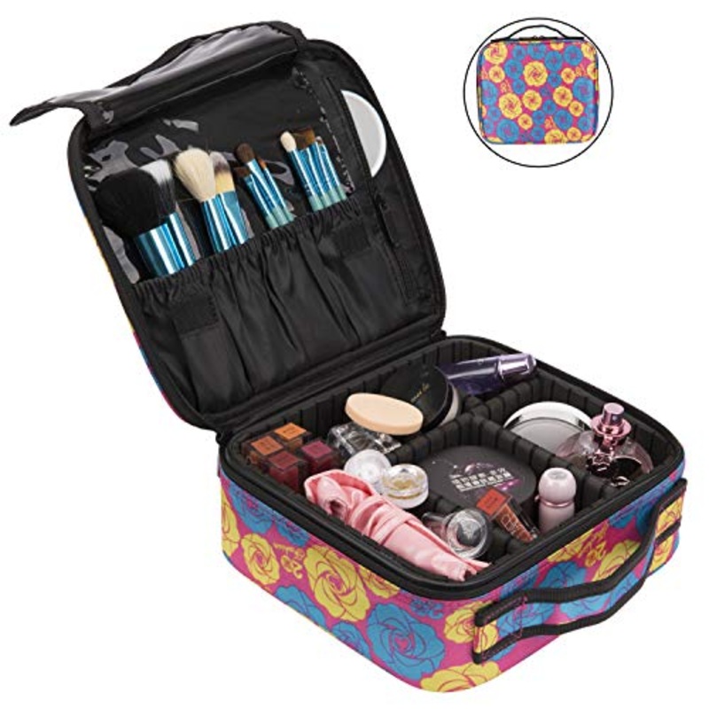 NiceEbag Travel Makeup Bag Cosmetic Bag for Women Girls Professional Train Case Nylon Cosmetic Storage Organizer with Removable Dividers for Cosmetics Make Up Tools, Large & Cute & DIY, Rose