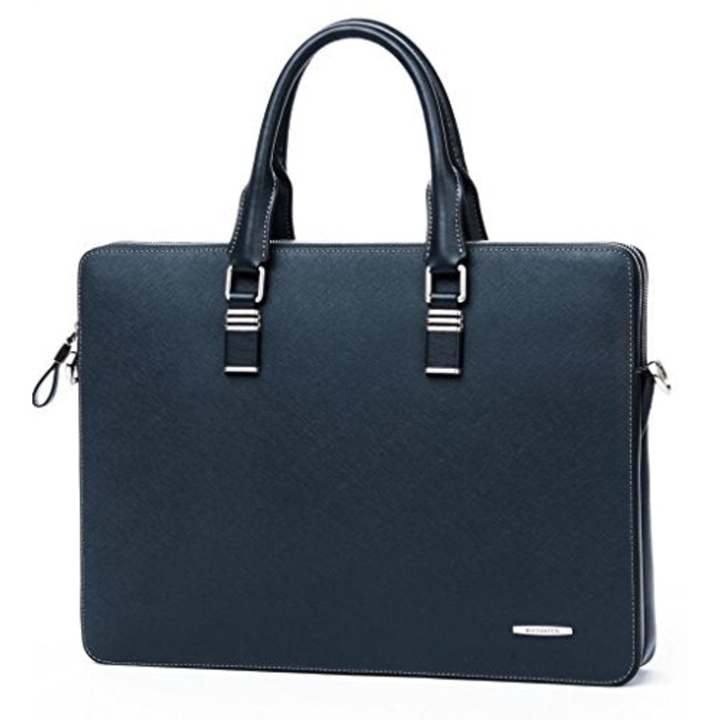 Bostanten Leather Briefcase Shoulder Cross-Body Laptop Business Bag For Men & Women Blue Cross