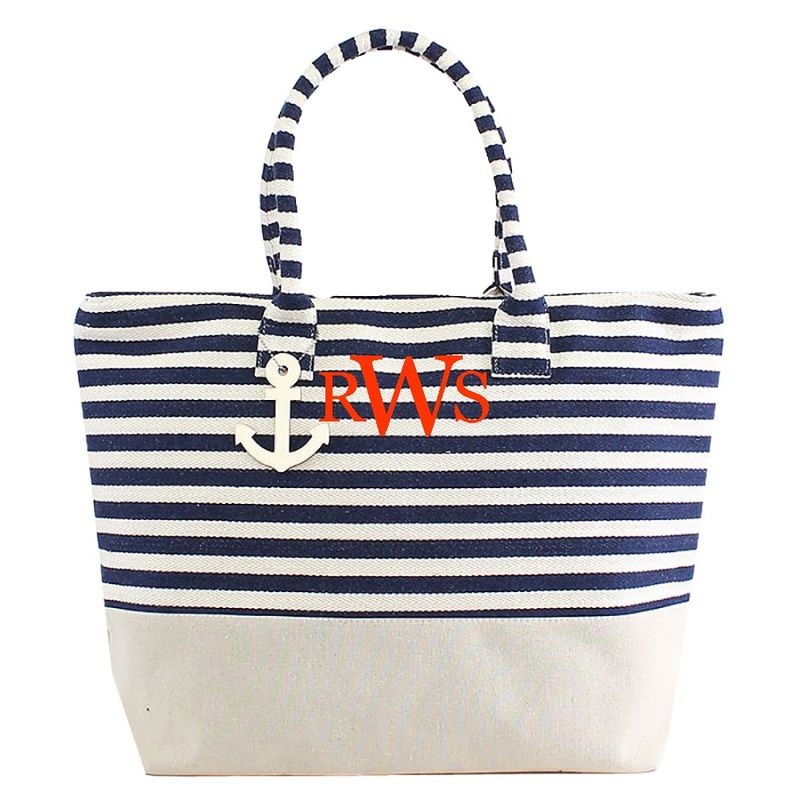 Navy Monogrammed Large Zipper Top Stripe Canvas Look Beach Bag Tote