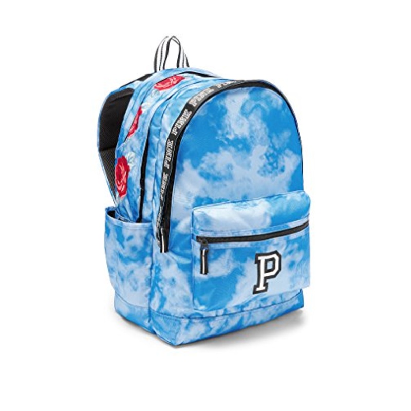 Victoria'S Secret Pink Campus Backpack Blue Tie Dye With Roses