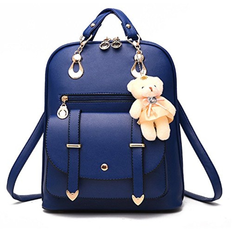 Yaagle Korean Pu Shoulder Large Capacity Bag With Bear Decoration For Women And Girl (Navy)
