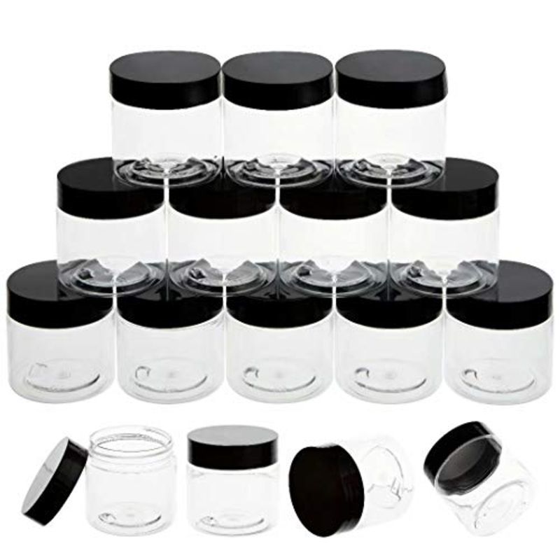 ZEJIA 20 Pack 2oz jars with lids Plastic Round Clear Leak-Proof Container with Black Lid Inner Liner and Labels for Cosmetic, Powders, Beads Jewelry, LiquidsBlack