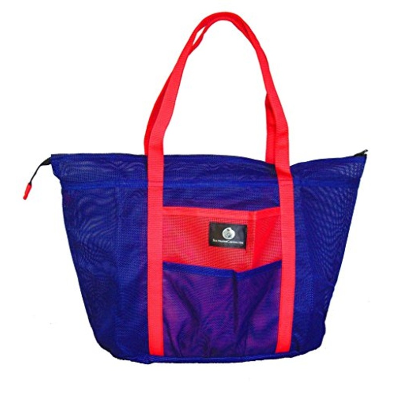 Saltwater Canvas Bolongo Bag, 8 Pockets, Slim Mesh Beach Tote, Gym, Blue & Red
