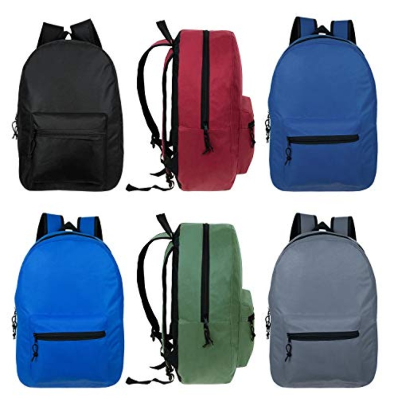 15" Wholesale Classic Basic Backpack in 6 Assorted Colors - Bulk Case of 24 Bookbags