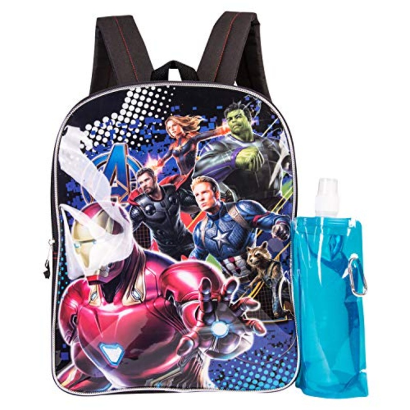 Marvel Avengers Backpack Combo Set - Avengers Boys' 3 Piece Backpack Set - Ironman & Captain America Backpack Waterbottle and Carabina (Black/Blue)