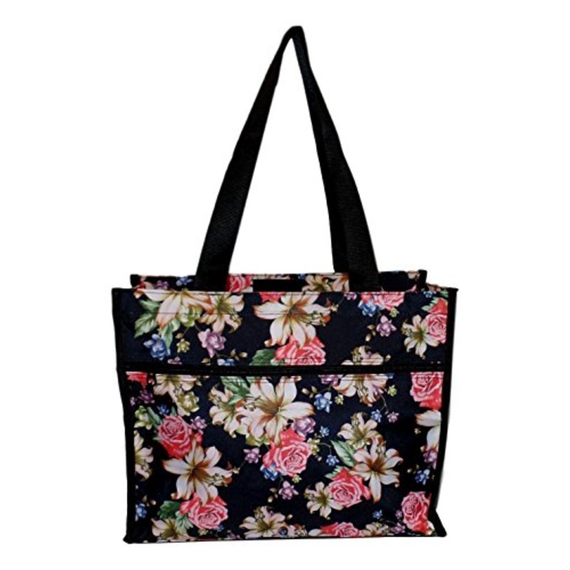 Medium Fashion Print Zipper Top Tote Bag (Lily Rose)