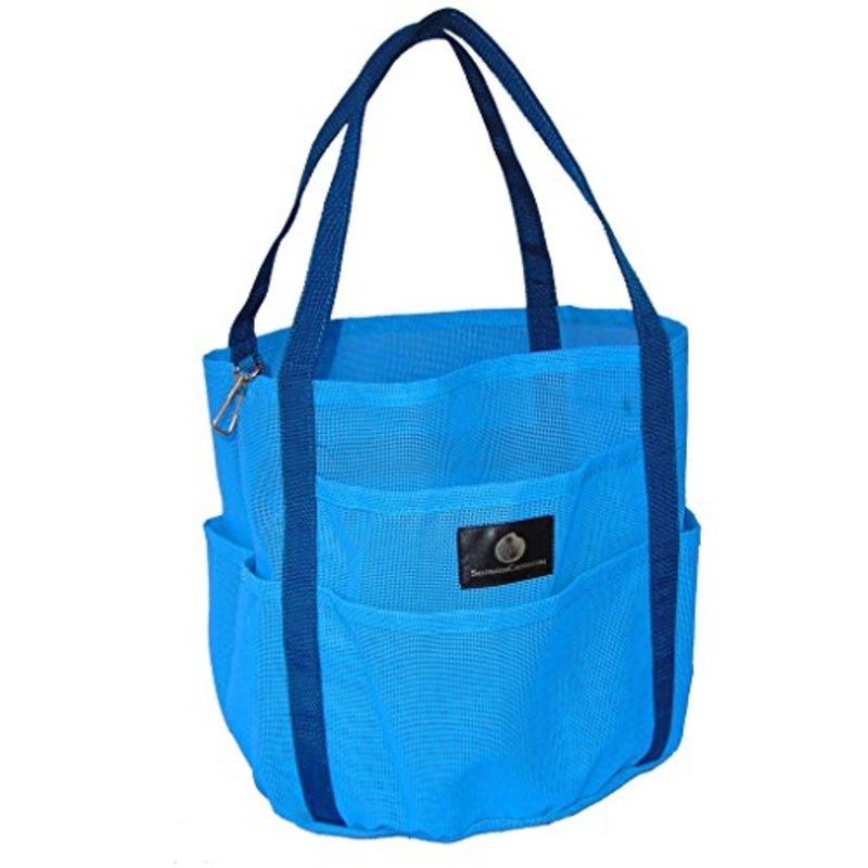 Saltwater Canvas Mesh Dolphin Bag, 7 Pockets, Medium Beach Tote, Gym, Sky Blue