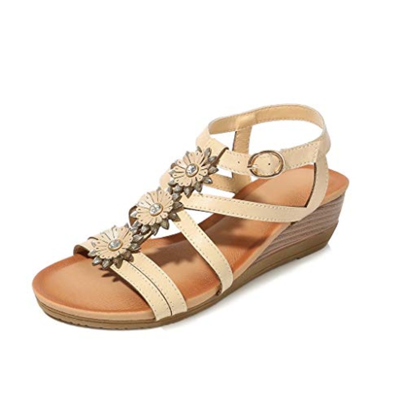 QueenBB Womens Wedge Sandals Summer Rhinestone Bohemian Beaded Ankle Strap Beach Wear Sandal Khaki