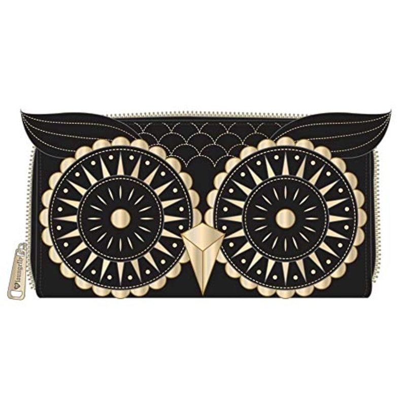 Loungefly OWL Faux Leather Zip Around Wallet in Black and Gold