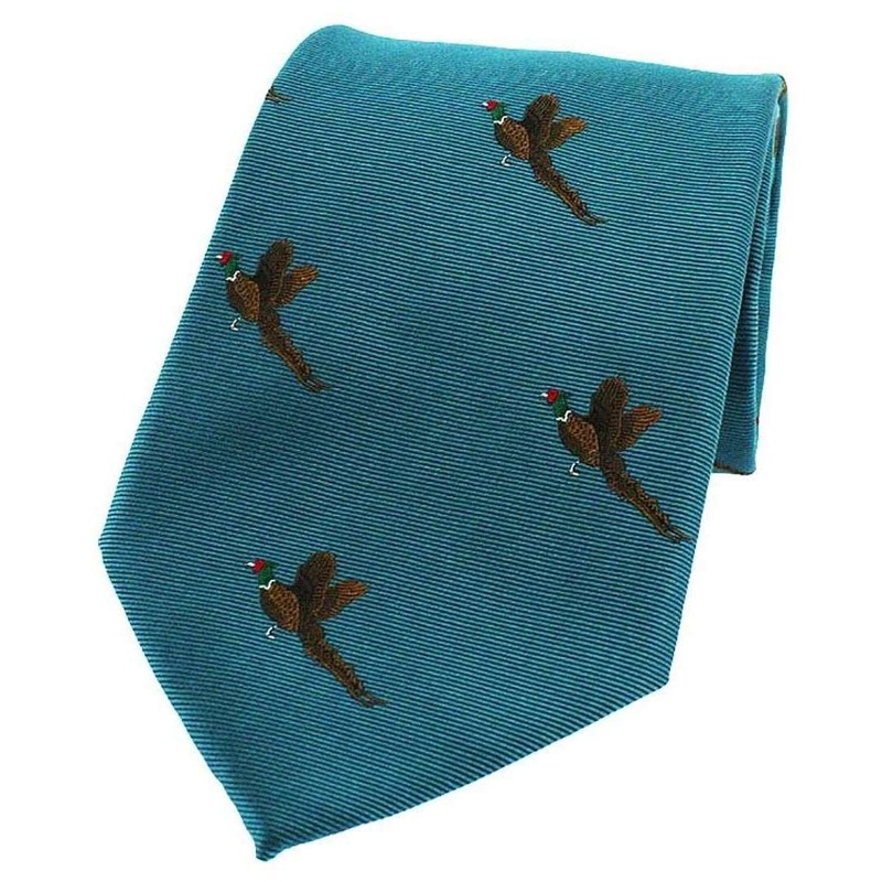 David Van Hagen Flying Pheasants Woven Country Silk Tie - Cyan