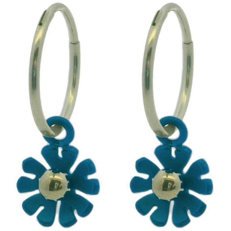 Ti2 Titanium Ten Petal Flower Charm Hoop Earrings - Dark Blue