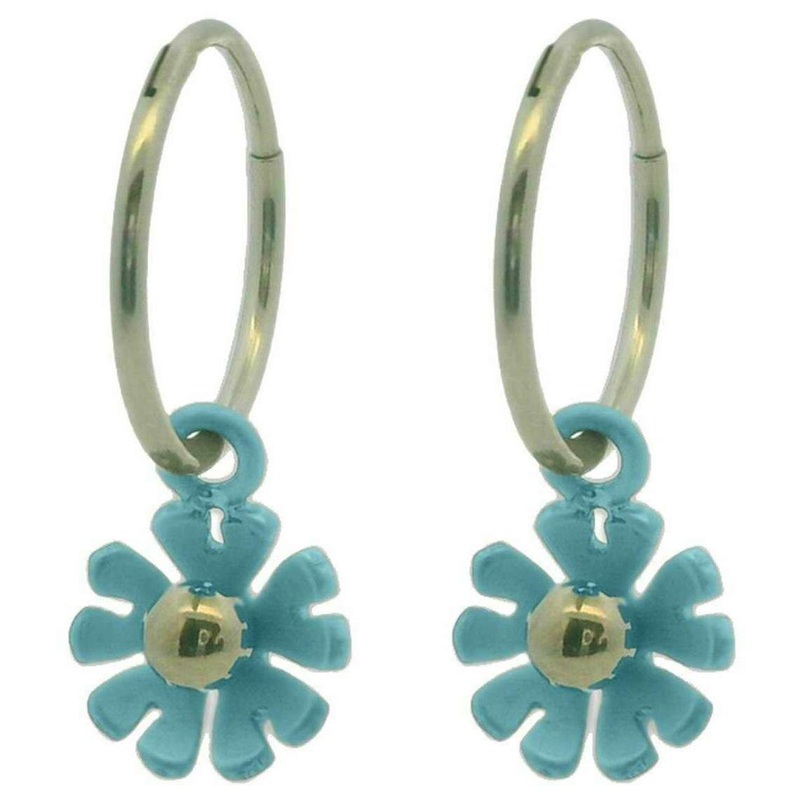 Ti2 Titanium Ten Petal Flower Charm Hoop Earrings - Light Blue