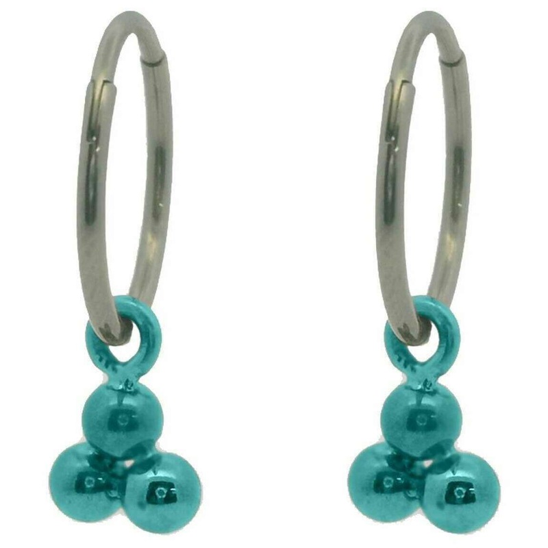 Ti2 Titanium Triple Bead Charm Hoop Earrings - Kingfisher Blue