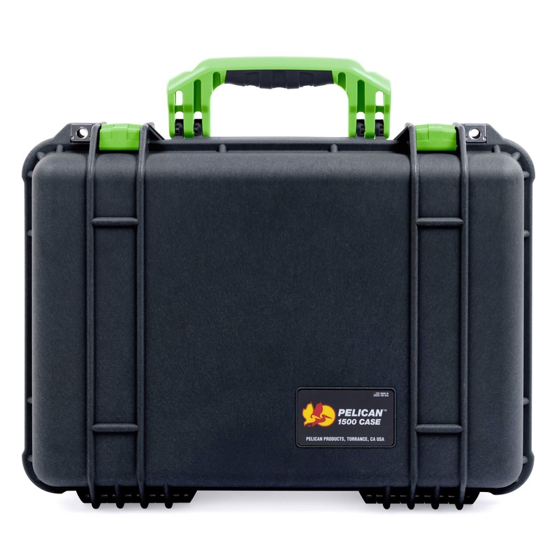 Pelican 1500 Case, Black with Lime Green Handle & Latches