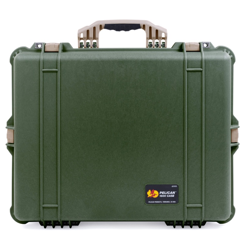 Pelican 1600 Case, OD Green with Desert Tan Handle & Latches