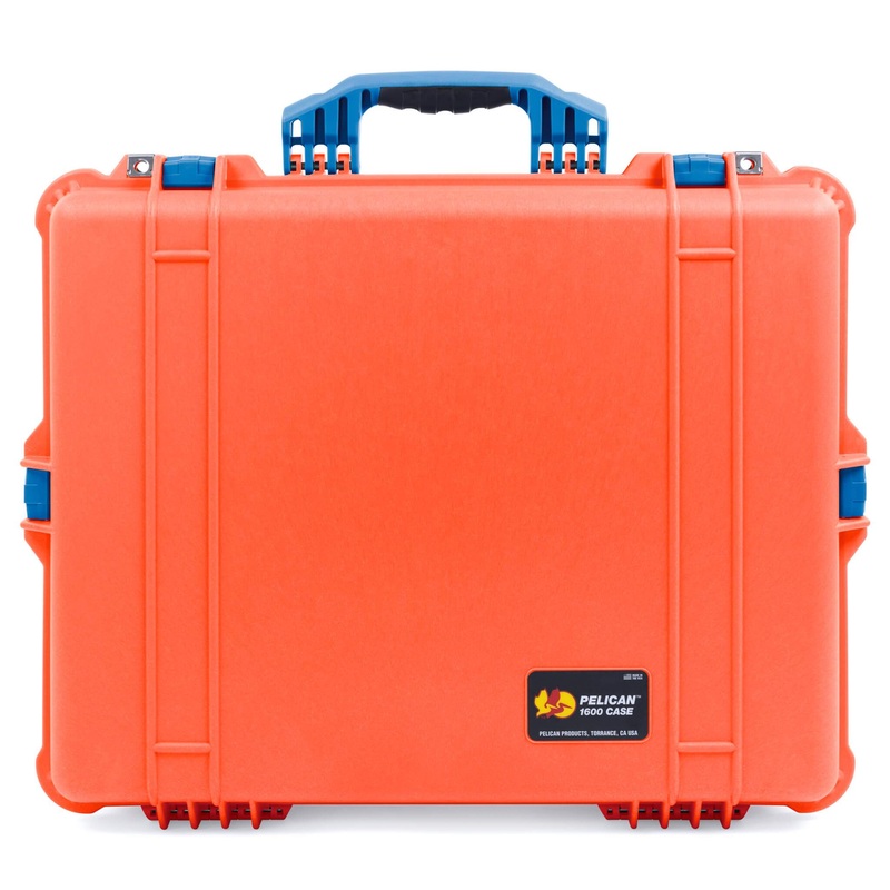 Pelican 1600 Case, Orange with Blue Handle & Latches