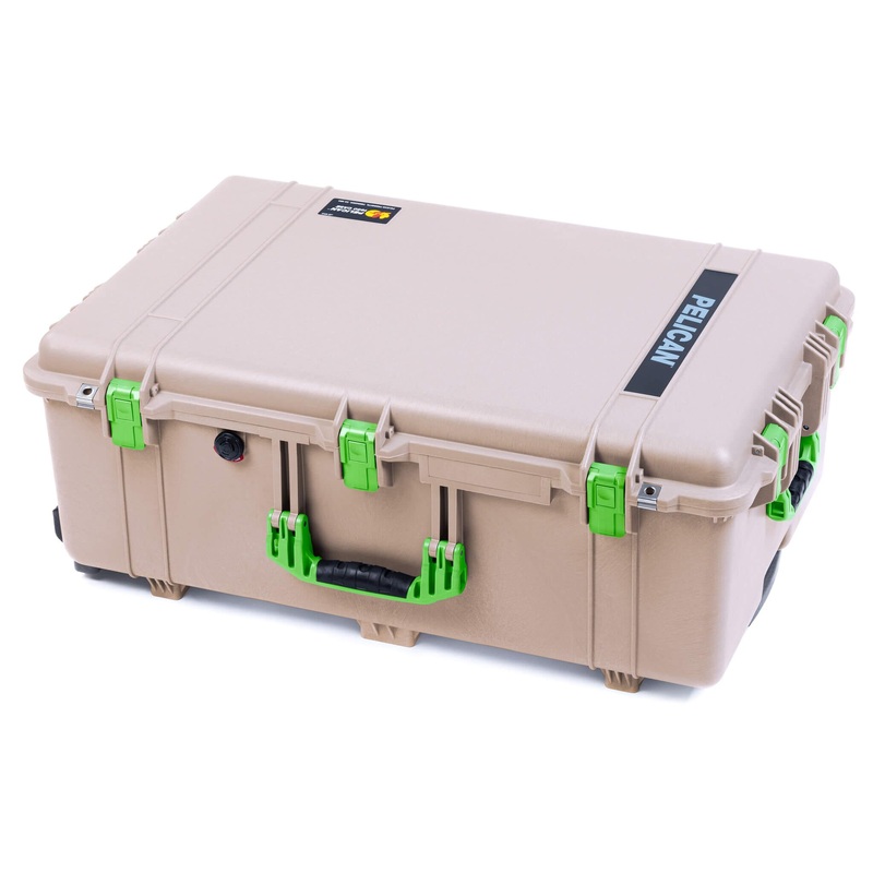 Pelican 1650 Case, Desert Tan with Lime Green Handles & Push-Button Latches