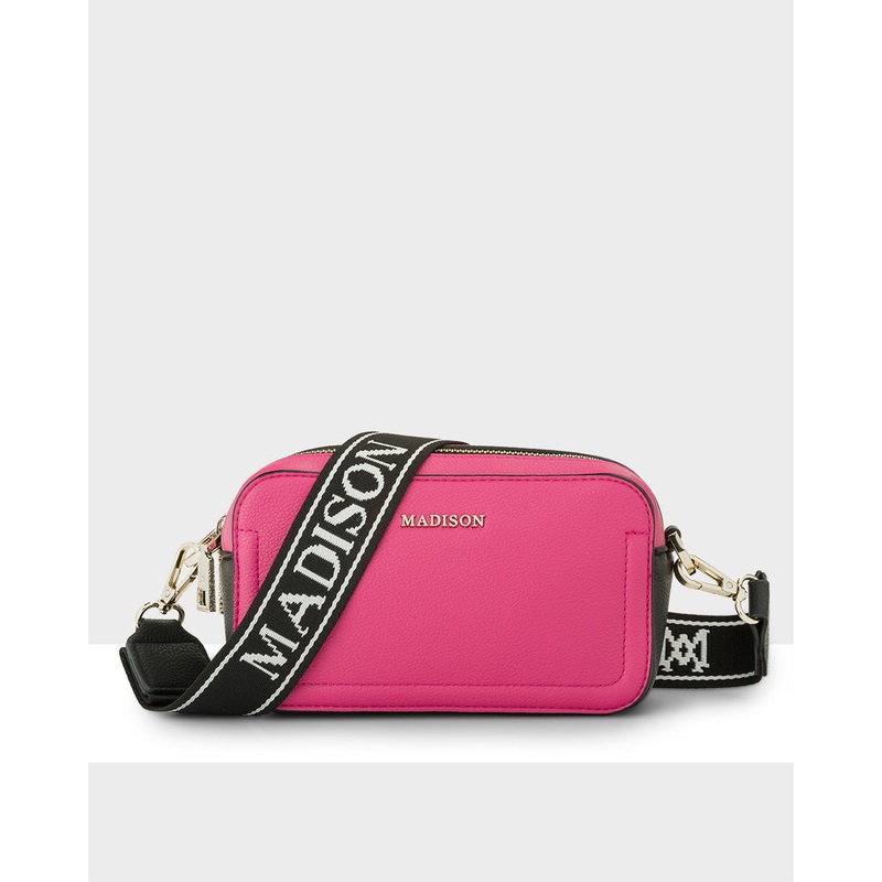 Maddie Double Zip Camera Crossbody Bag + Monogram Stripe Bag Strap