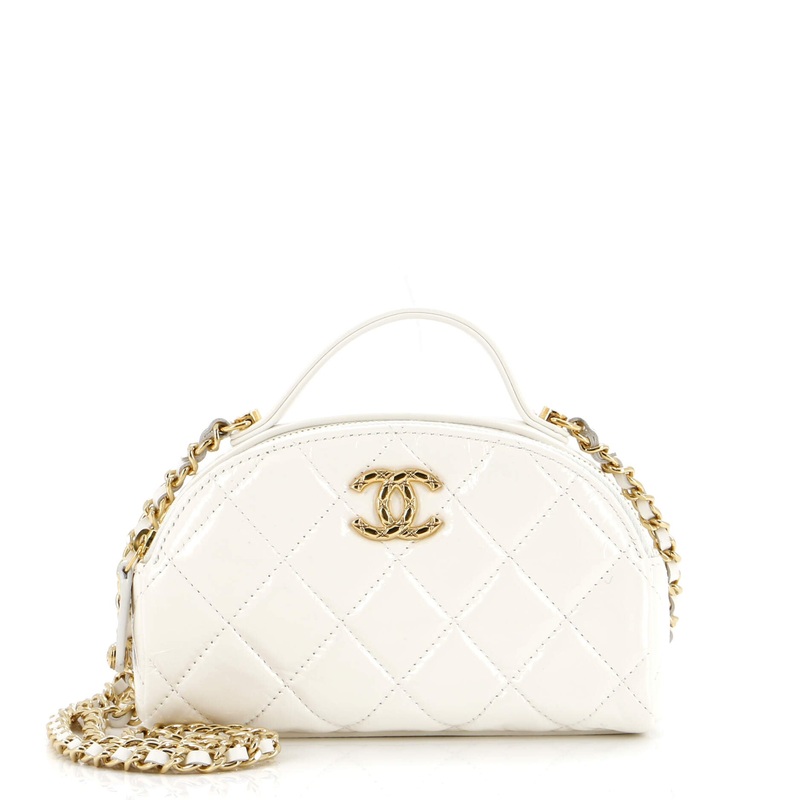 Double Zip Top Handle Vanity Case with Chain Quilted Shiny Calfskin