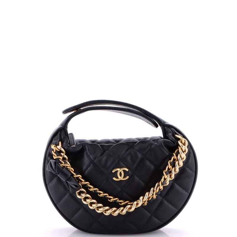 Double Chain Bow Hobo Pouch Quilted Caviar Mini