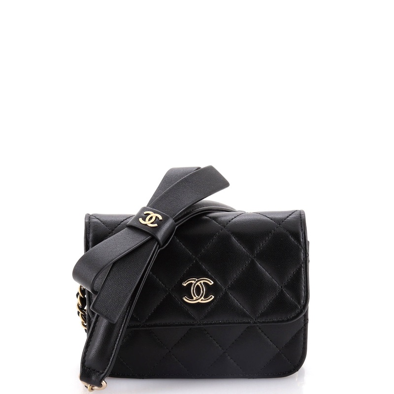 Bow Strap Card Holder on Chain Quilted Lambskin