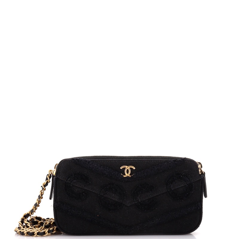 Coco Double Zip Clutch with Chain Fringe Chevron Denim