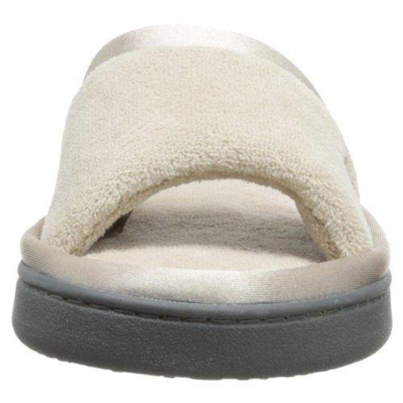 isotoner Women's Microterry Slide Slipper with Satin Trim, Stone, 6.5/7
