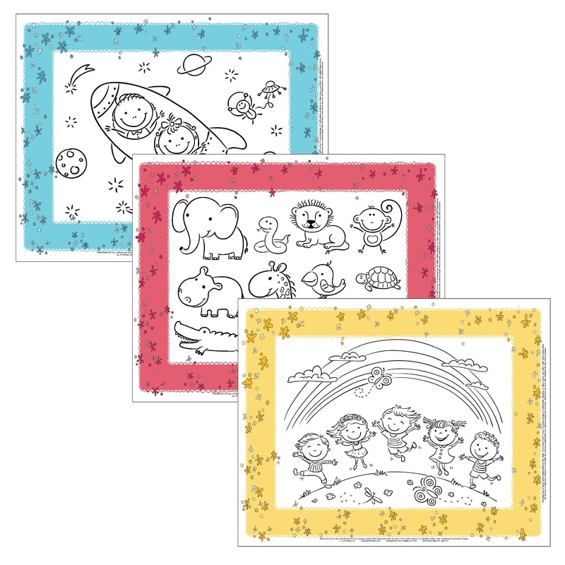 J.L Childress Healthy Habits by Disposable ColorMe Placemats, 24 Pack - Paper Stick-On Placemats with Coloring Fun, Airplane Tray Table Cover, Colors May Vary