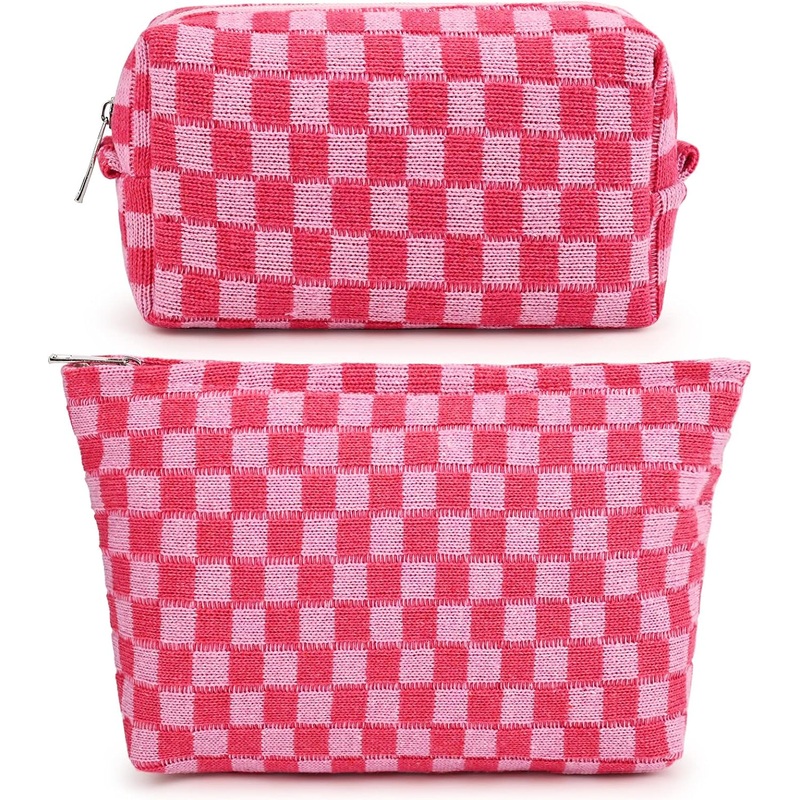 2 Pieces Makeup Bag Large Checkered Cosmetic Bag Capacity Canvas Mix Travel Toiletry Bag Organizer Cute Makeup Brushes Aesthetic Accessories Storage Bag for Women, Checkered Mix Rose Red