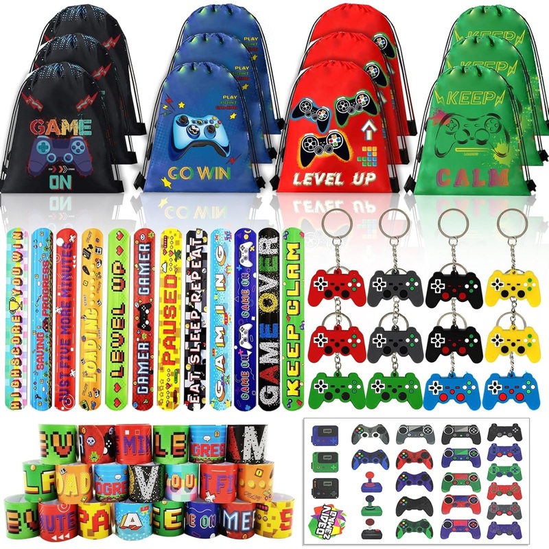 61 Pcs Video Game Party Favors, Gamer Party Favors Bags Includes 12 Pcs16 X 13 Inch Video Game Party Drawstring Bags Slap Bracelets Keychains Tattoo Stickers for Kids Gaming Party Favor