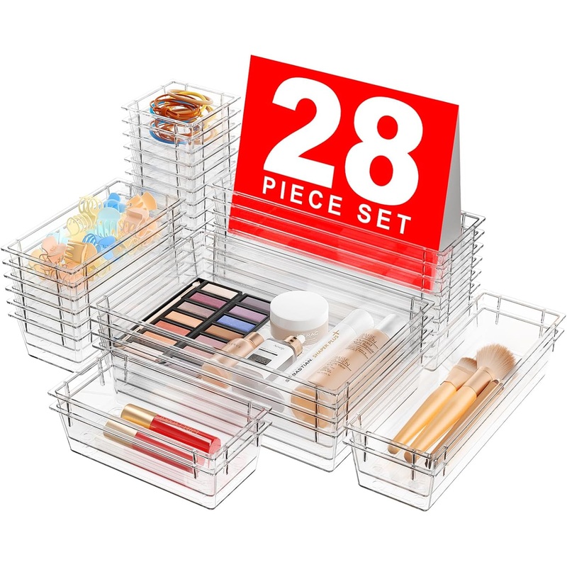 A-Lugei Crystal Design Clear Desk Drawer Organizer,Military Grade Acrylic Makeup Organizer, Bathroom Organizers and Storage, Drawer Divider for Office Kitchen Bedroom Vanity Jewelry Pantry Garage