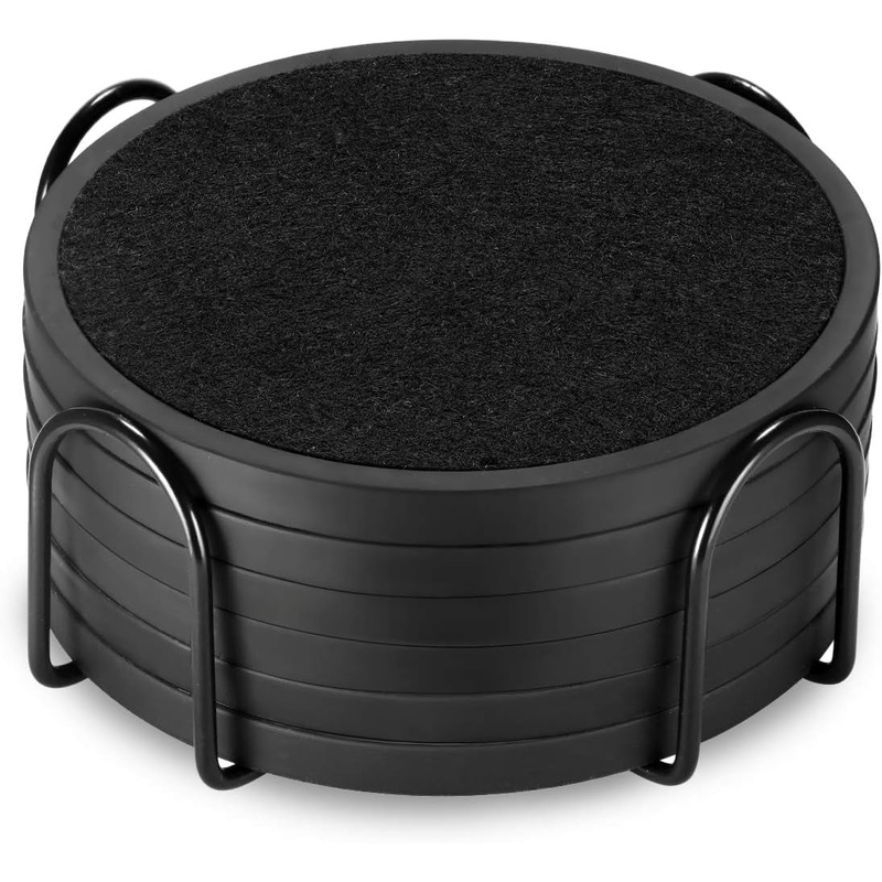 Absorbent Coasters for Drinks with Holder - 6Packs, Silicone Coaster with Soft Felt Insert, Black (Coasters with Holder, Black)