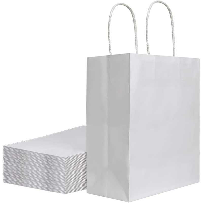 Bagmad 50 Pack 8X4.75X10 Inch Medium White Kraft Paper Bags with Handles Bulk, Gift Bags, Craft Grocery Shopping Retail Birthday Party Favors Wedding Sacks Restaurant Takeout, Business (50Pcs)